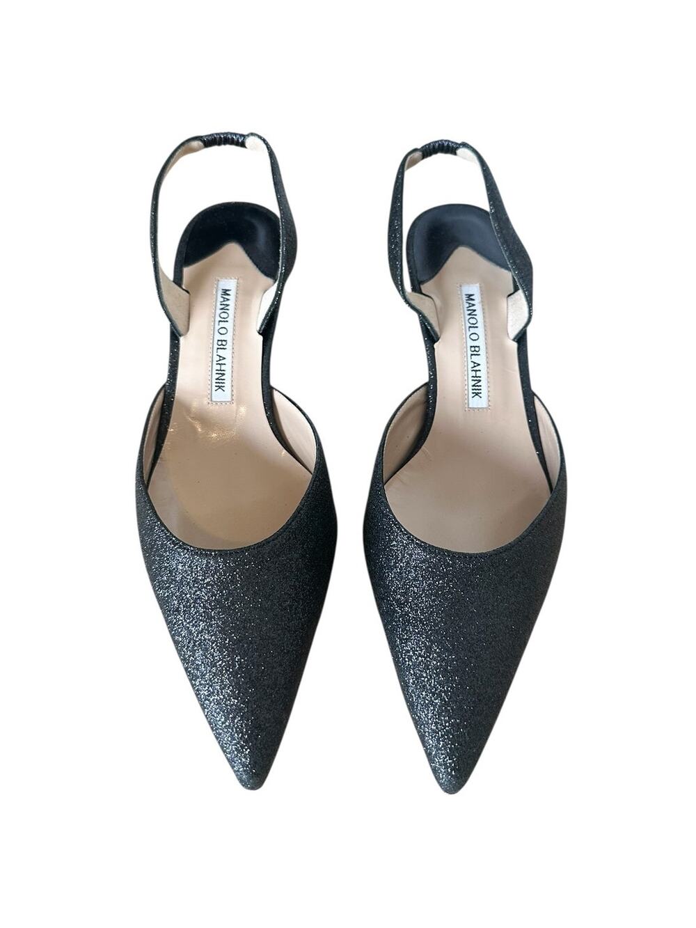 Manolo Blahnik Carolyne 50 Black Glitter Leather Slingback Pumps EU 38.5